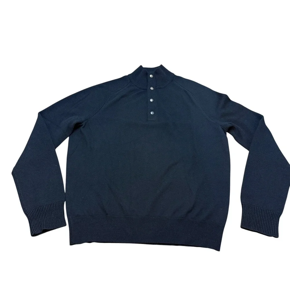 Merino Wool/Cotton Black Button Mock Neck Sweater Classic Preppy Mens Large Tall